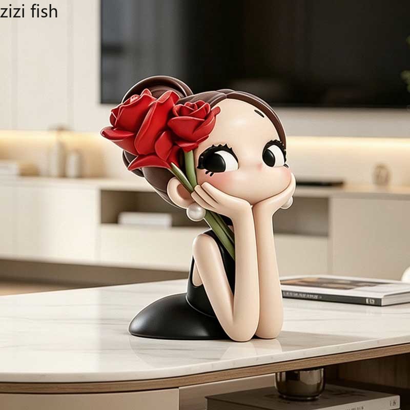 Cute Rose Girl Bust Statue Res - Resin Art Rose 评论和价格